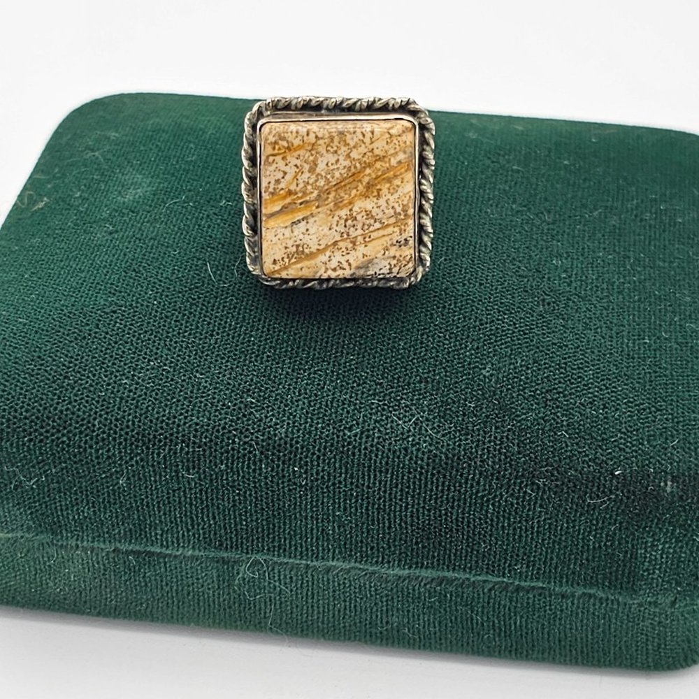 Sterling Silver Signed 925 Jasper Stone Square Size 8.5 Ring Vintage